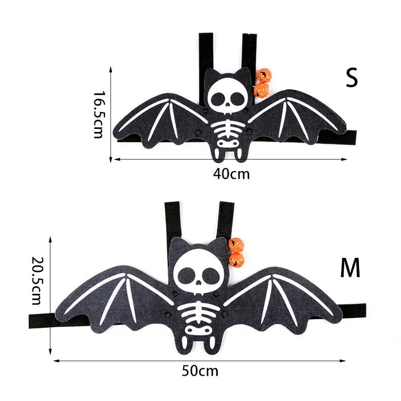 Black felt batwing Halloween costume for a cat, shown in pumpkin bat design
