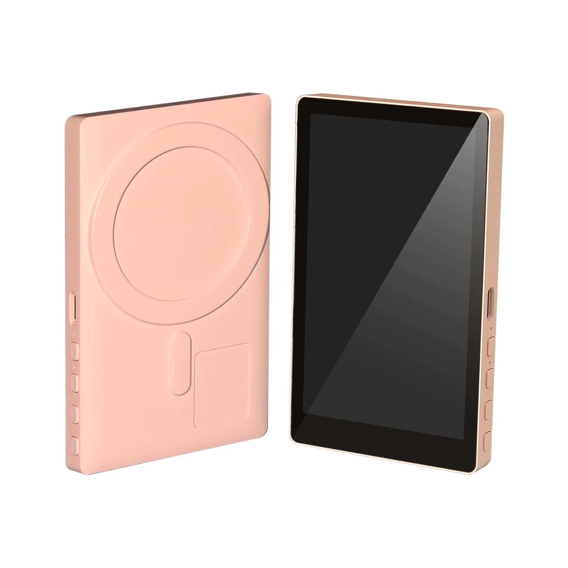 Magnetic wireless charging selfie multi-monitoring device with Bluetooth remote and folding stand on a desk, black model