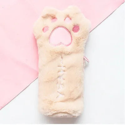 Cute plush cat's paw bag in beige with cat paw design, compact 23cm by 12.5cm Korean style handbag
