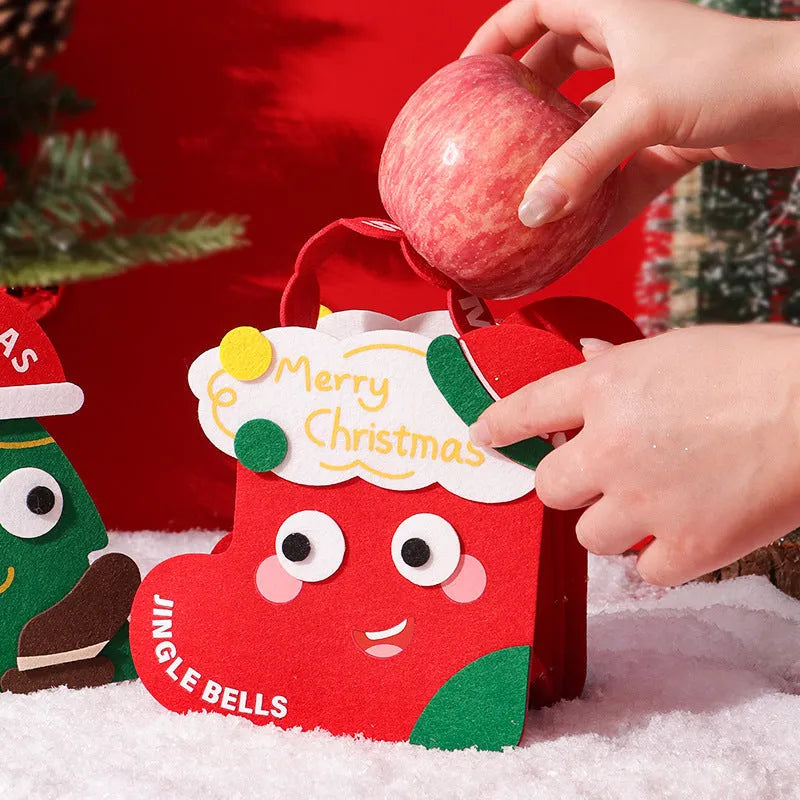 Christmas felt gift bag in green with cartoon design, reusable small gift packaging