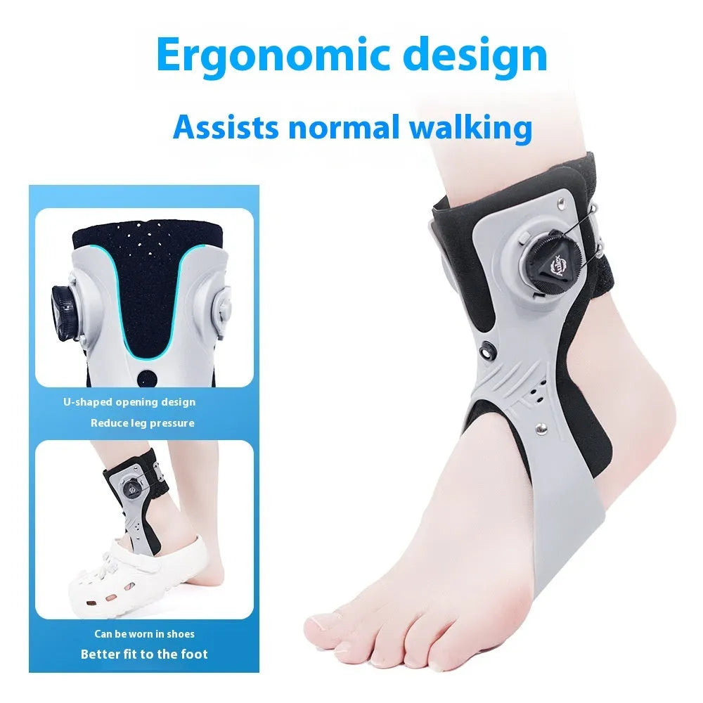 Grey ankle support brace showing airbag button system and hook-and-loop fastening for adjustable compression