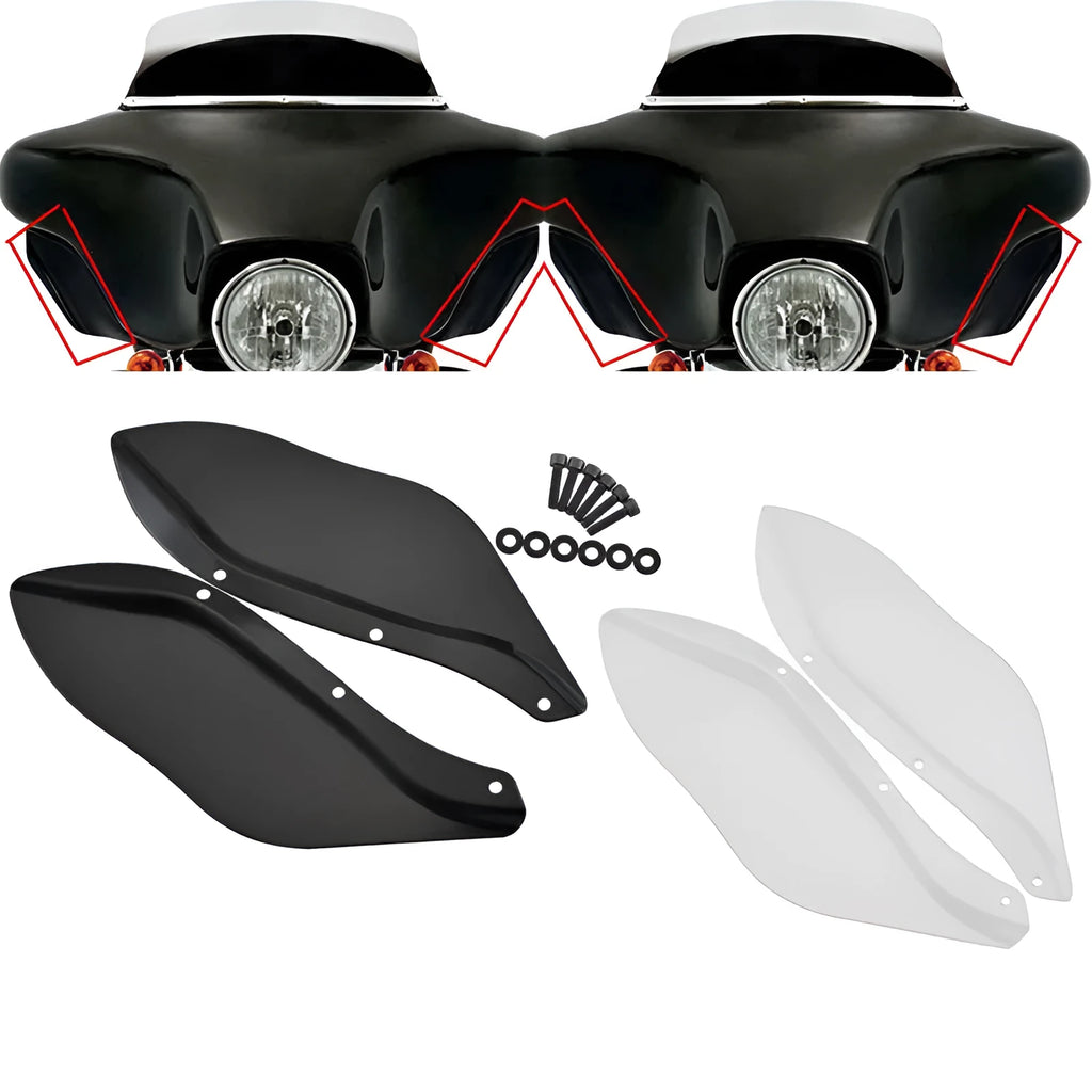 Pair of black and transparent ABS plastic side wing head covers for Harley-Davidson Touring motorcycle flank.