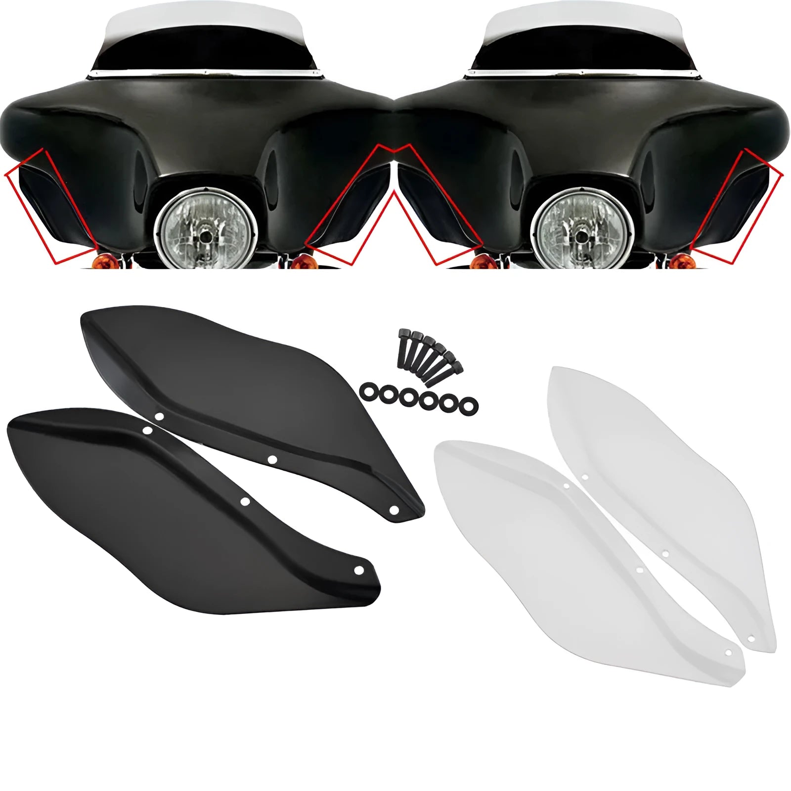 Pair of black and transparent ABS plastic side wing head covers for Harley-Davidson Touring motorcycle flank.