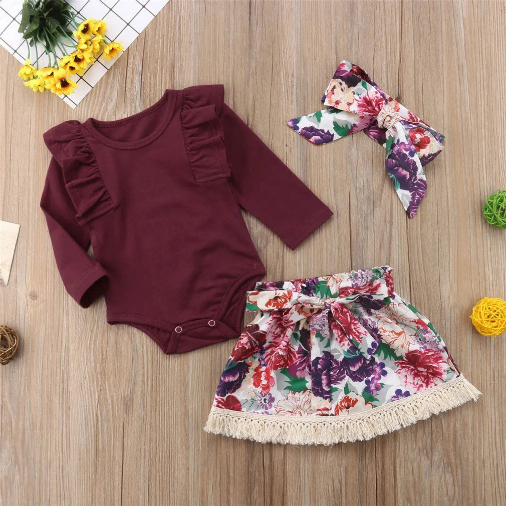 Ramia ruffle set for baby girls: long sleeve top romper, floral skirt, headband, cotton blend, sizes 70-100cm