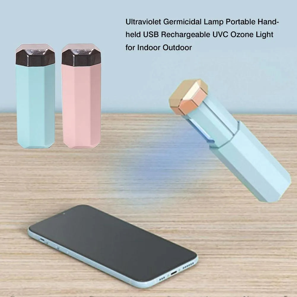 Portable UVC ozone USB germicidal wand in blue with foldable design on a table