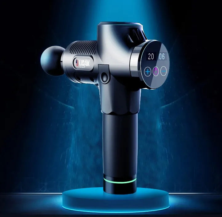 Fascia massage gun with 30-speed settings, 24V brushless motor, and six massage heads in black colour