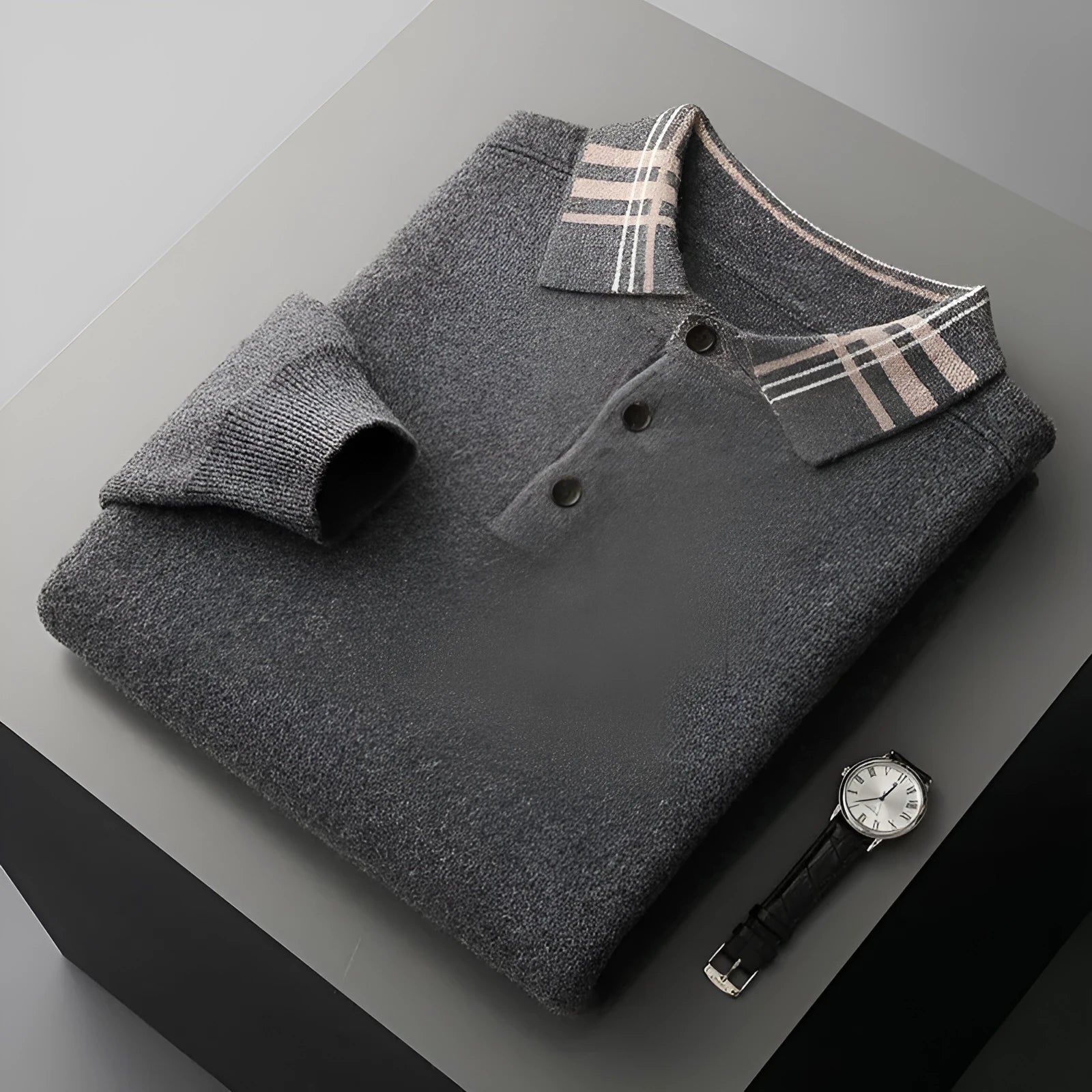 Men's cashmere loose fit pullover in coffee colour with jacquard knit and lapel collar