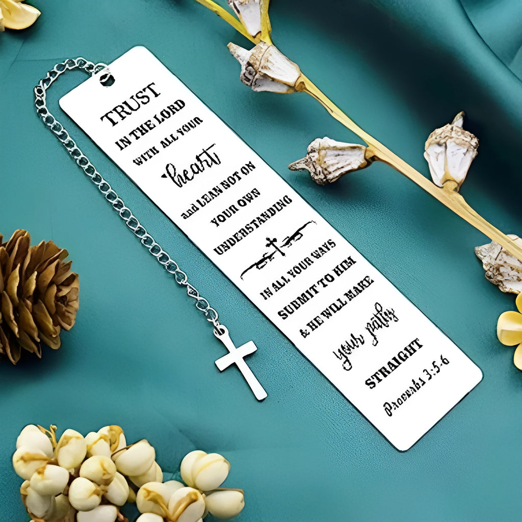 Stainless steel European style bookmark in CF-S5170 steel colour on an open book.
