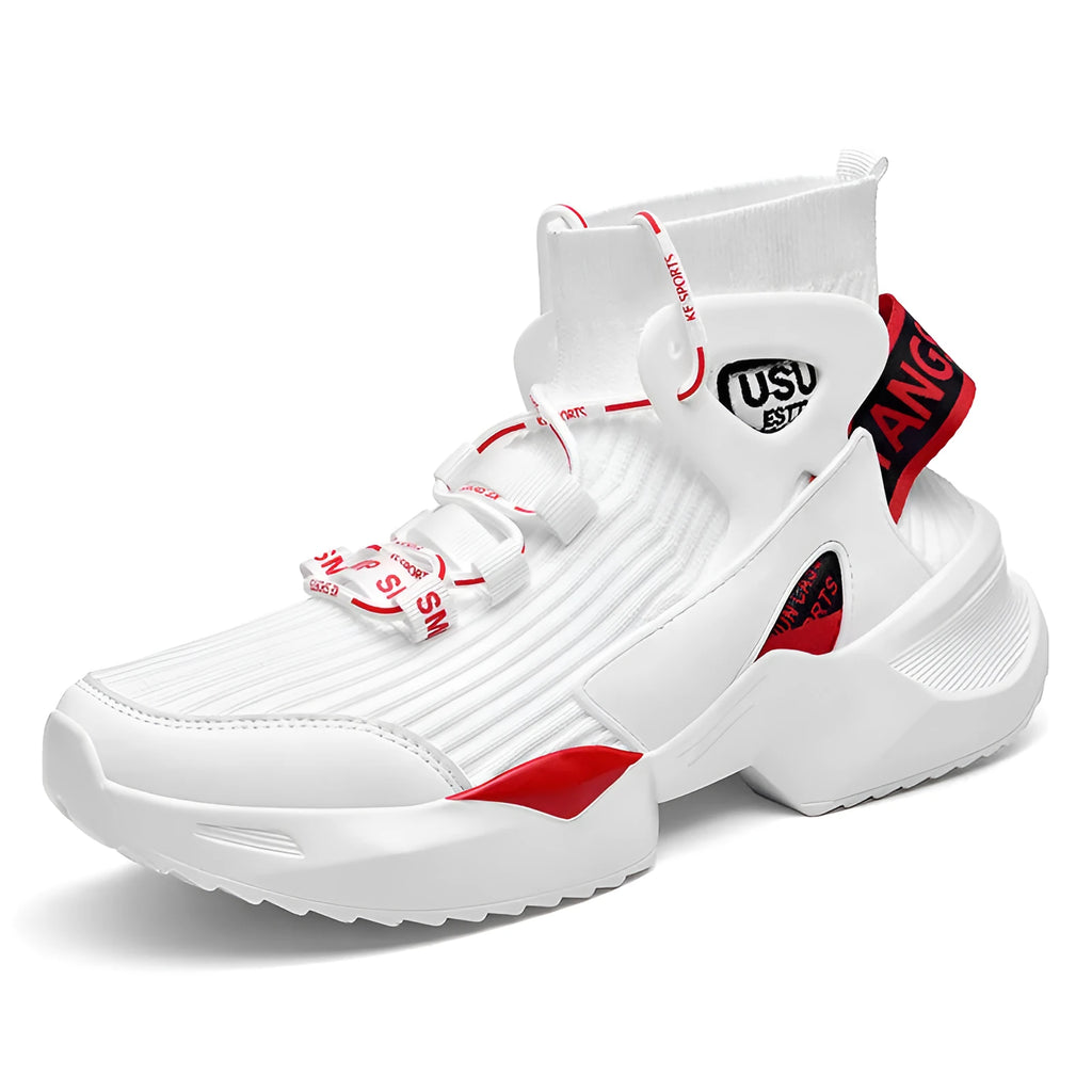 Men's flying knit basketball shoes breathable mesh upper plastic sole back tie closure black
