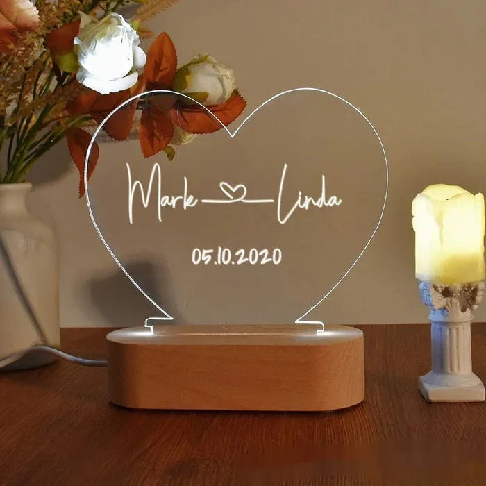 Custom acrylic LED night light personalised with names and date for Valentine's Day gift