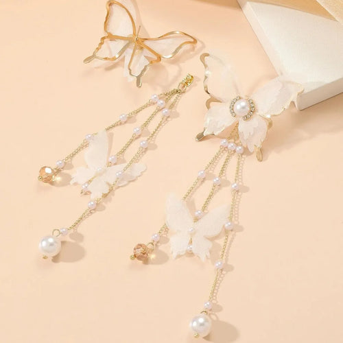 White butterfly earrings with tassel lace pearl rhinestone design on copper alloy