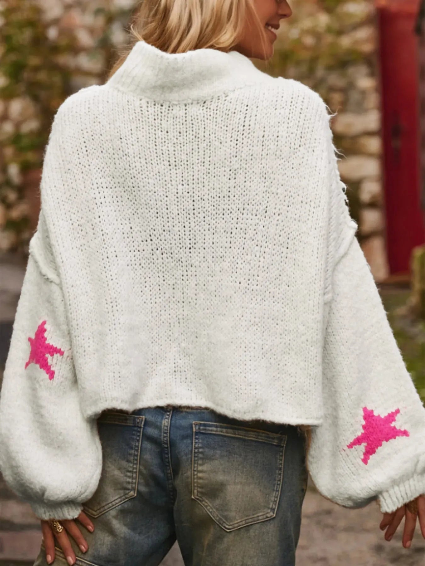 White women's turtleneck pullover with star pattern in thick imitation velvet fabric