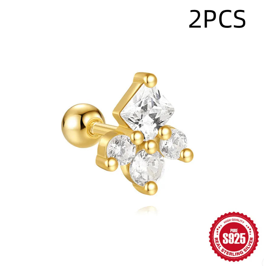 Close-up of S925 sterling silver square gravel flower stud earrings with a golden electroplated finish.