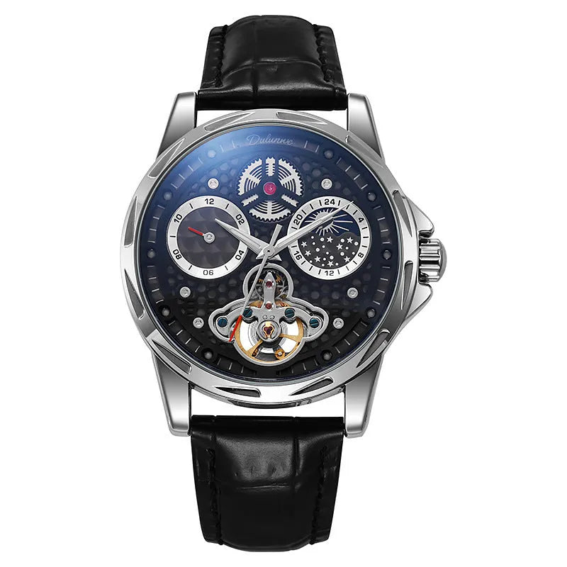 Men's waterproof automatic watch with luminous markers on a steel bracelet and a black dial.