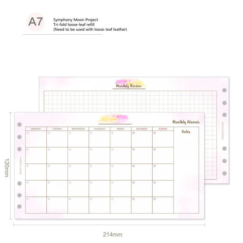 A5, A6, and A7 loose-leaf planner refill sheets showing floral and tri-fold layout designs