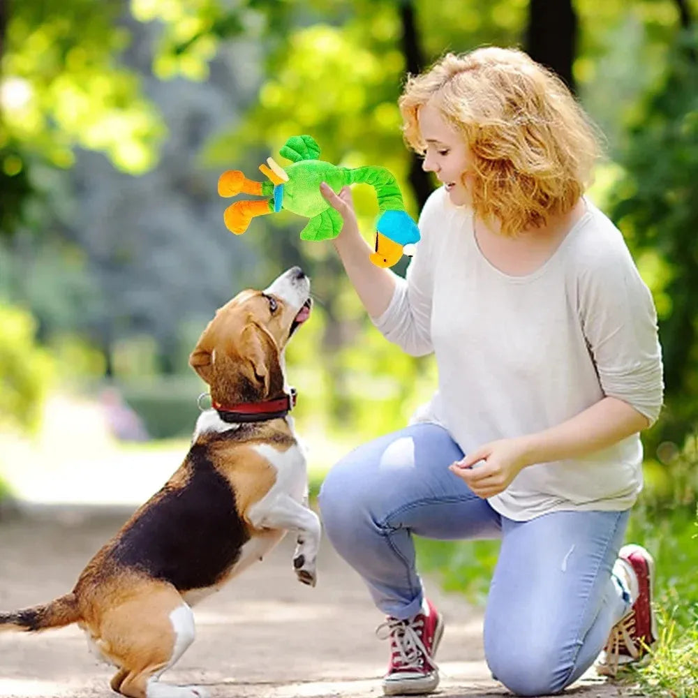 Squeaky screaming chicken dog chew toy in black, green, and orange rubber.