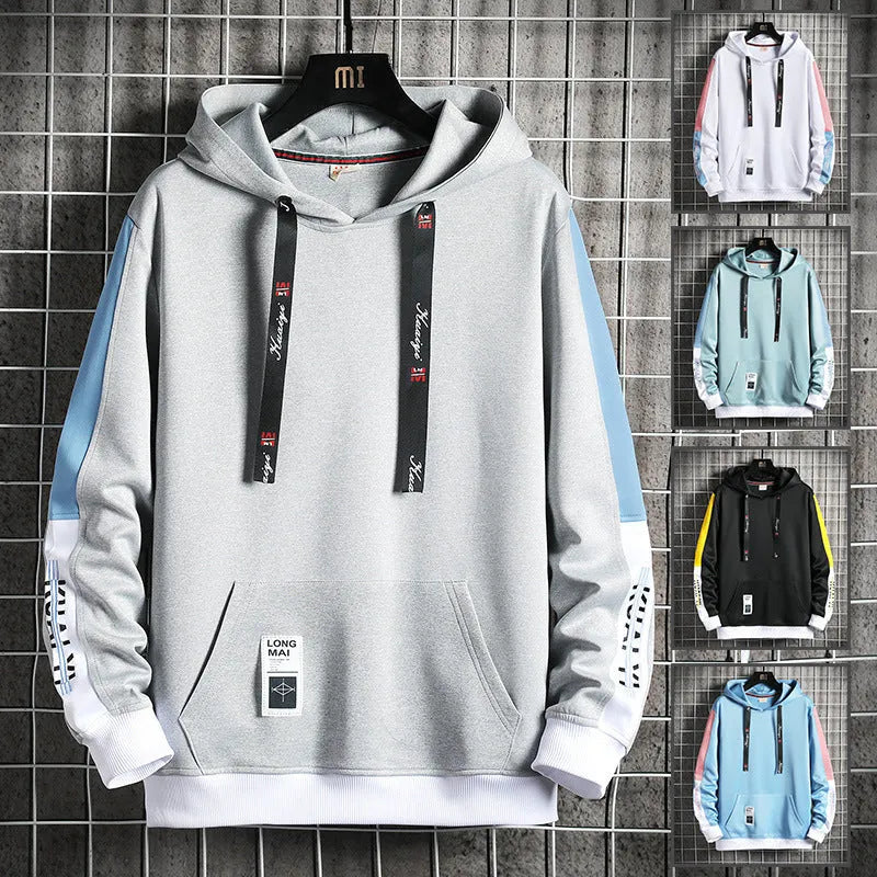 Men's casual printed loose long sleeve hooded top in polyester, available in black, white, gray, lake blue, mist blue sizes M-4XL.