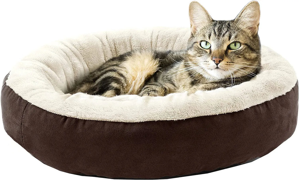 Circular warm soft pet nest dog bed in gray cloth with raised rim, size S, on a wooden floor