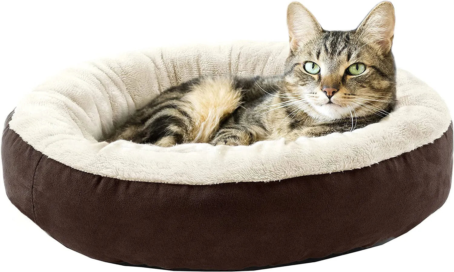 Circular warm soft pet nest dog bed in gray cloth with raised rim, size S, on a wooden floor