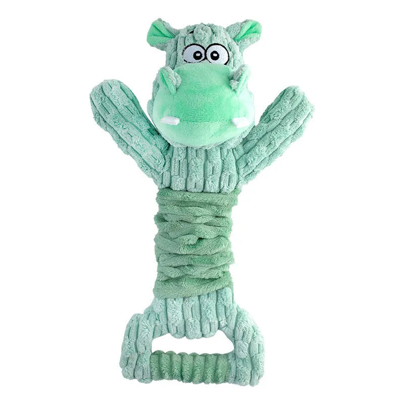 Large blue plush dog toy with handle for tug-of-war play