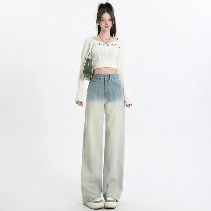 Gradient blue straight-leg denim trousers for women with wide leg design