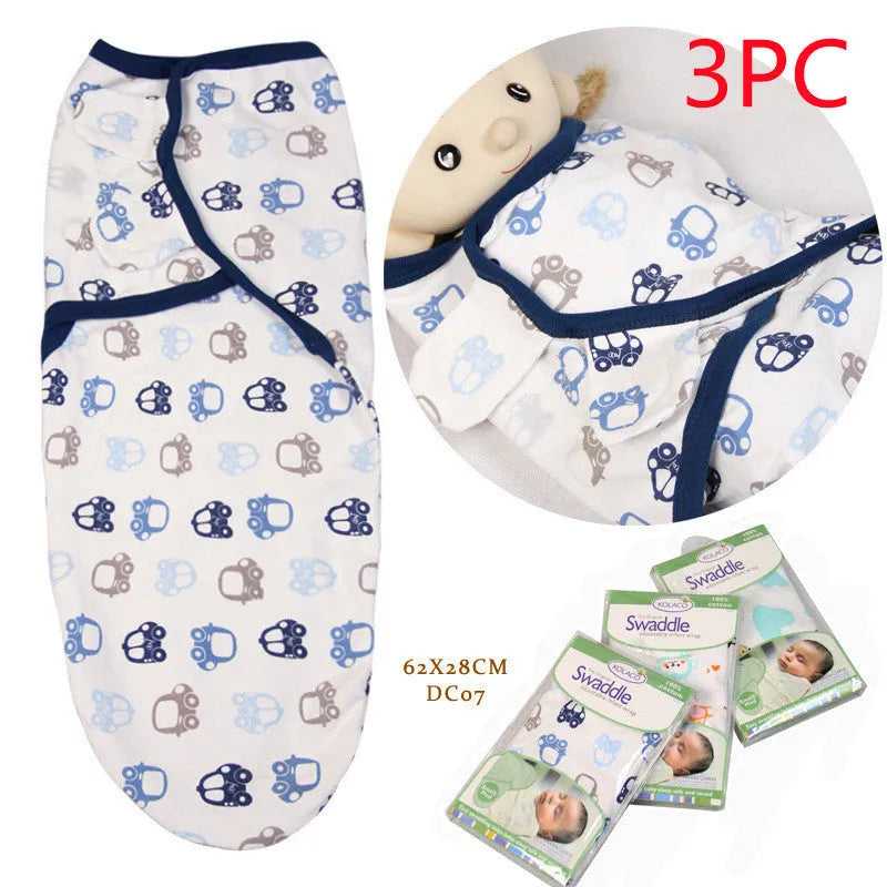 Cotton baby anti-startle swaddle wrap in blue with cartoon print, size 62x28 cm