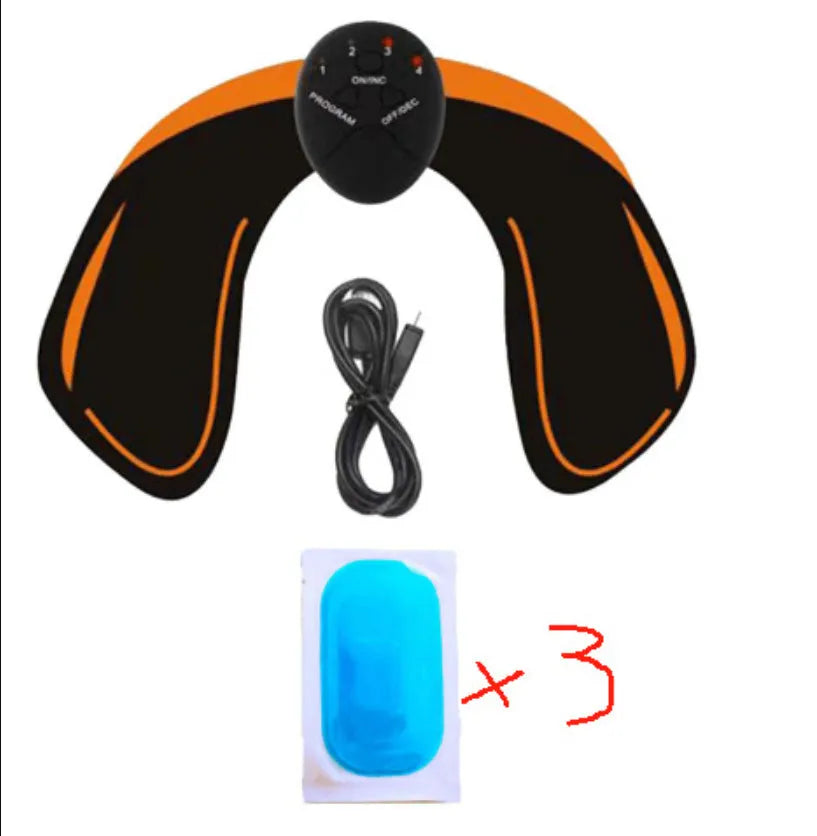 EMS hip muscle training stimulator with remote control and two gel pads in orange