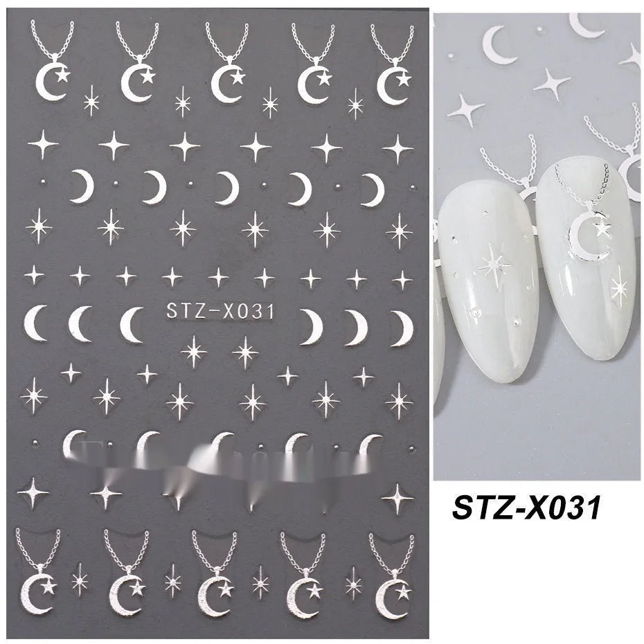 Pack of black and silver striped nail art stickers with cartoon and love pattern designs.
