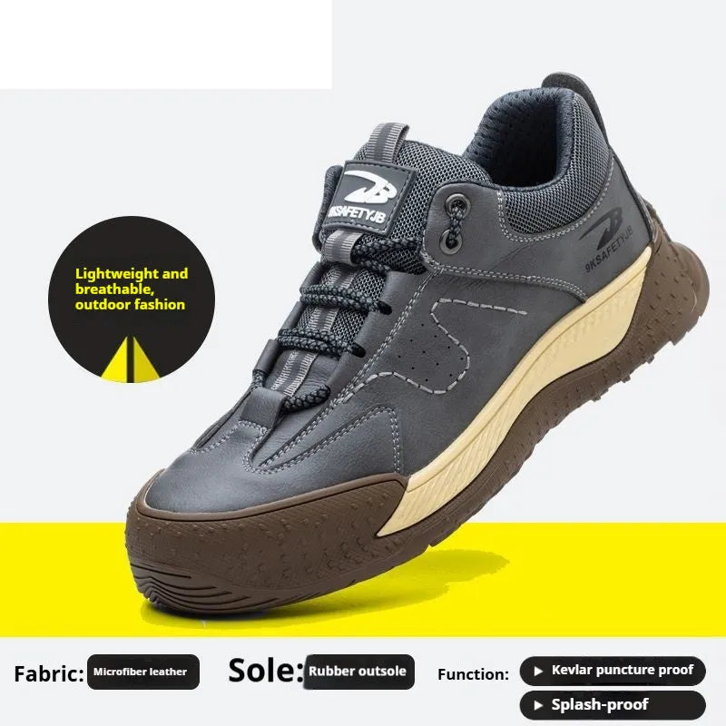 Flyknit leather work safety shoes with rubber sole in black colour, size 42 displayed
