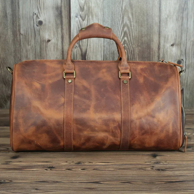 Men's crazy horse leather travel bag brown coffee 50cm length 25cm height