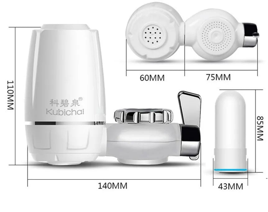 White plastic kitchen tap water filter with ceramic cartridge and universal adapter kit on a counter.