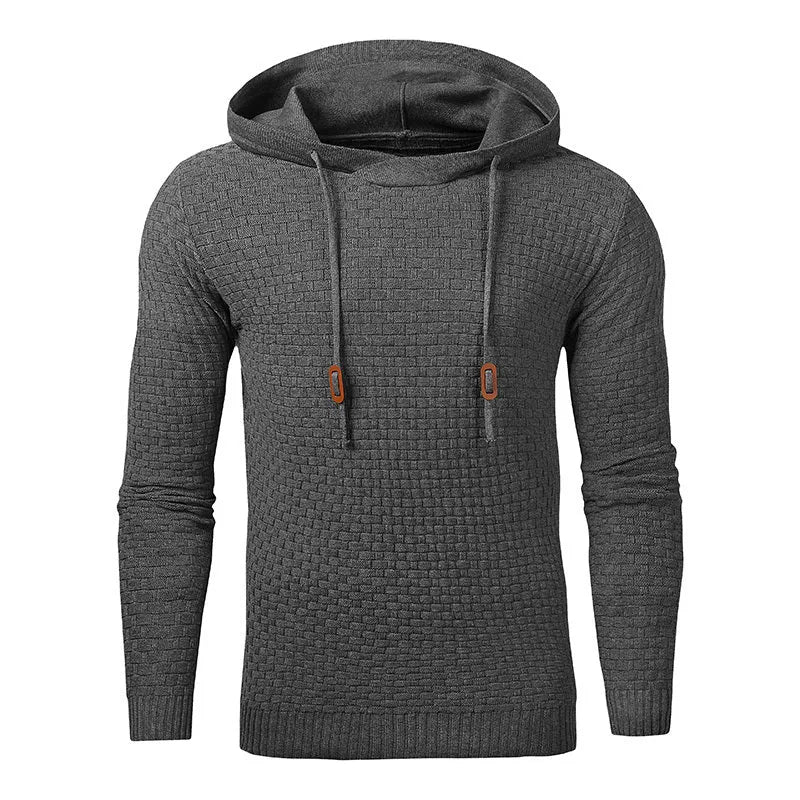 Men's black cotton-polyester blend hooded sweatshirt on a hanger, showcasing the front hood and kangaroo pocket.