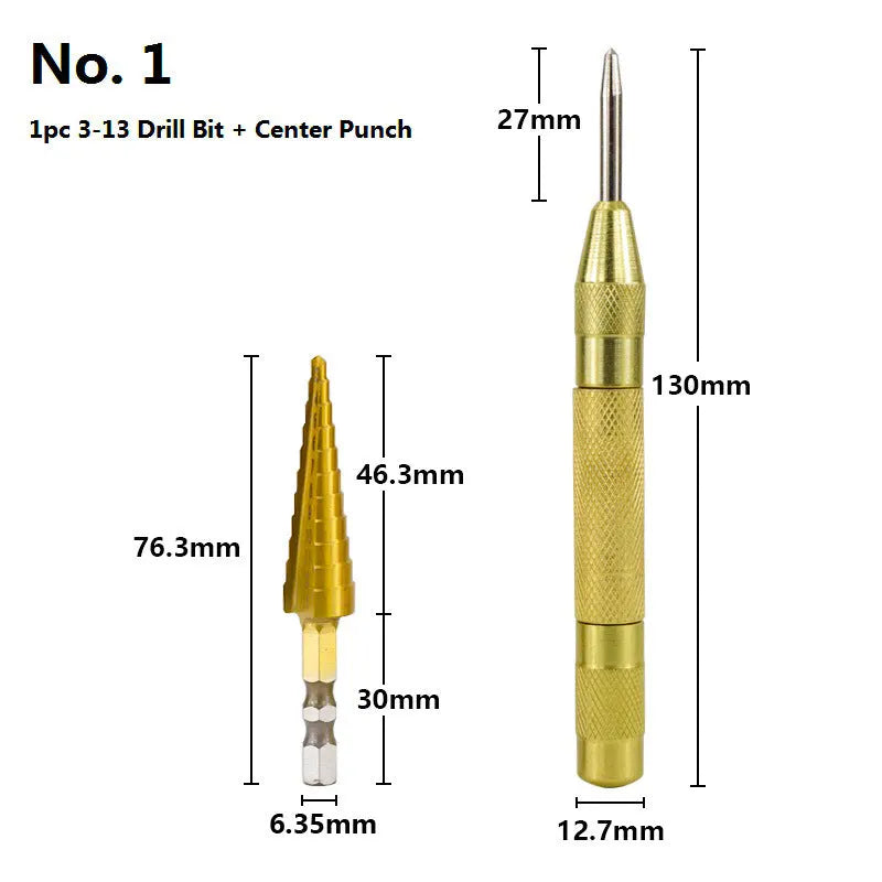 Step drill bit and centre punch set in high speed steel with colour-coded options for metalworking