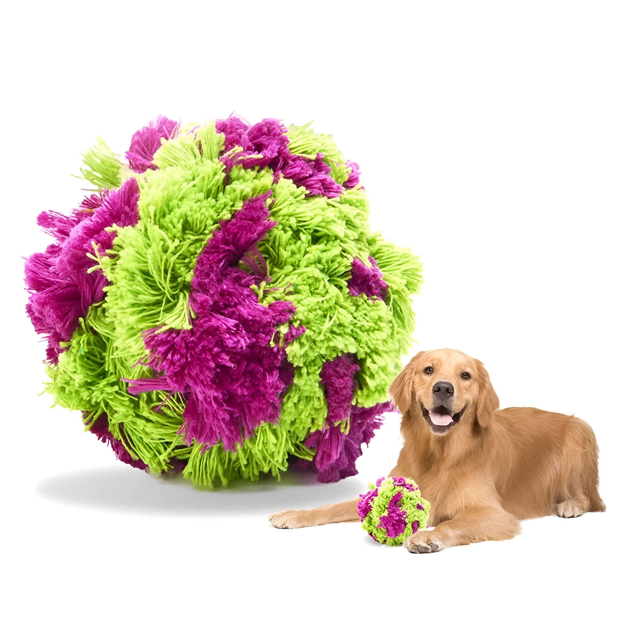 Purple plush dog seaweed ball toy with knotted design for chewing and fetch games