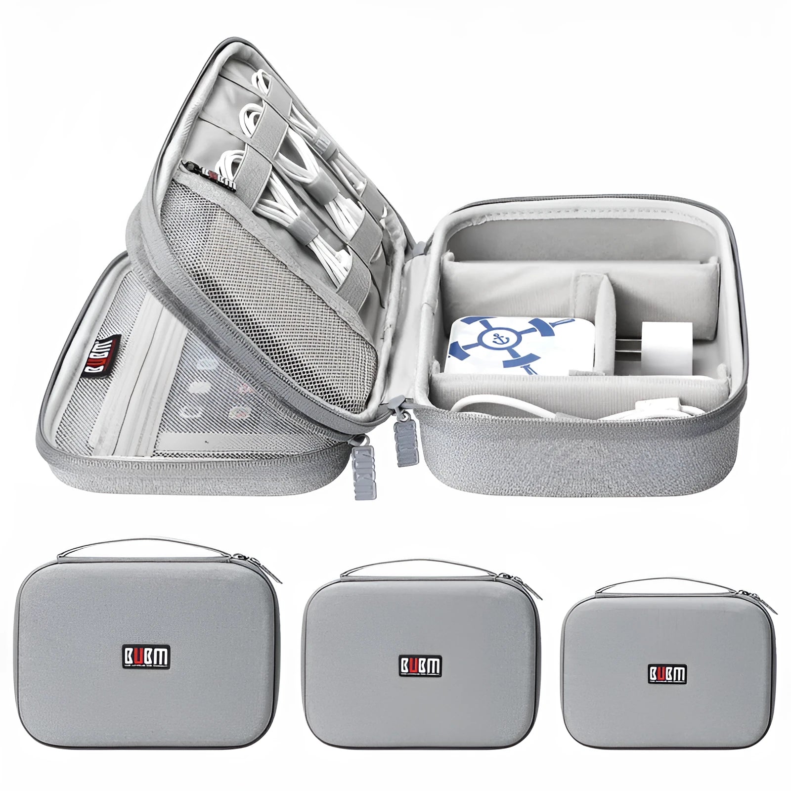 Simple modern black EVA digital storage bag for headphones and cables on a desktop