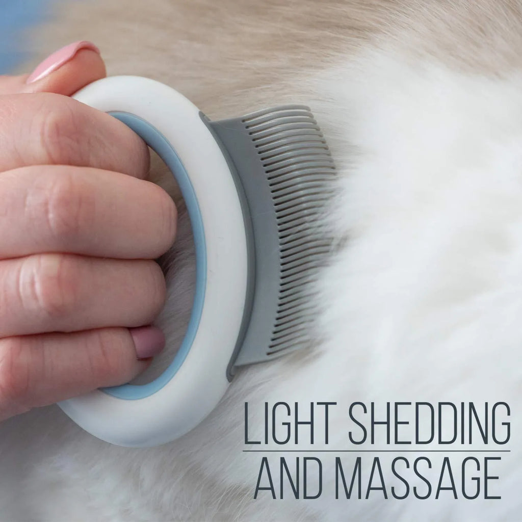Blue pet grooming comb with soft teeth for cats and dogs on white background