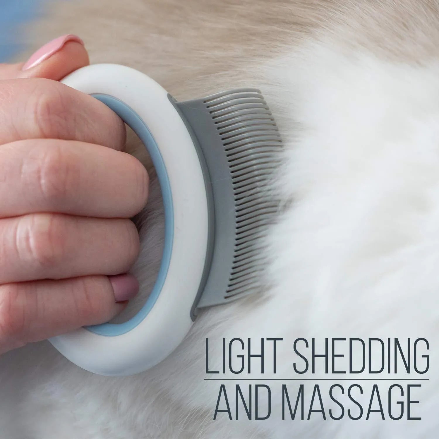 Blue pet grooming comb with soft teeth for cats and dogs on white background
