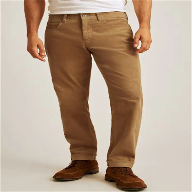 Straight-leg corduroy trousers in solid colour with mid waist and zip fly closure