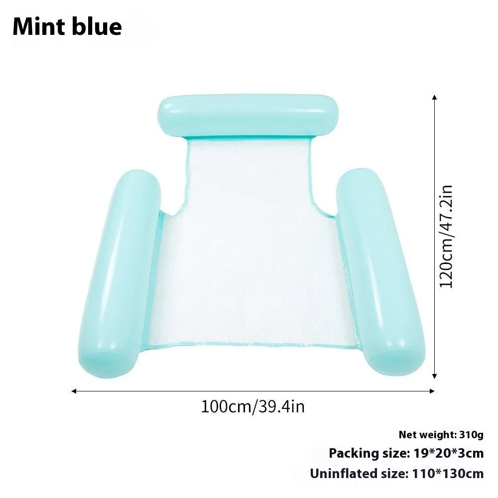 Striped inflatable floating bed in light blue and white, 124x99cm, on pool water surface
