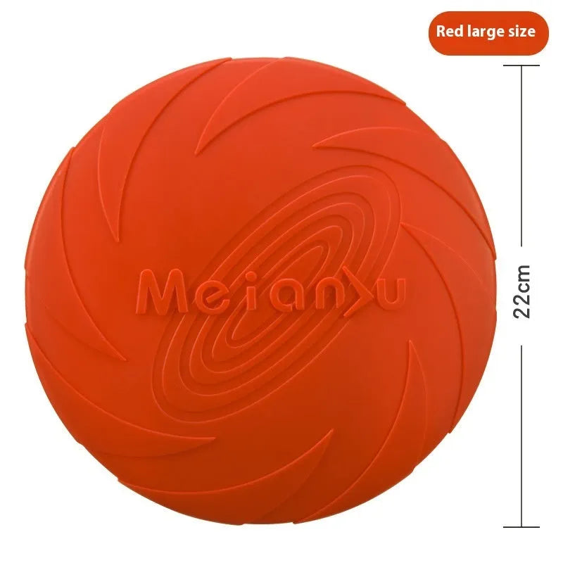 Soft rubber dog frisbee flying disc toy in red, blue, and green colours showing small, medium, and large sizes