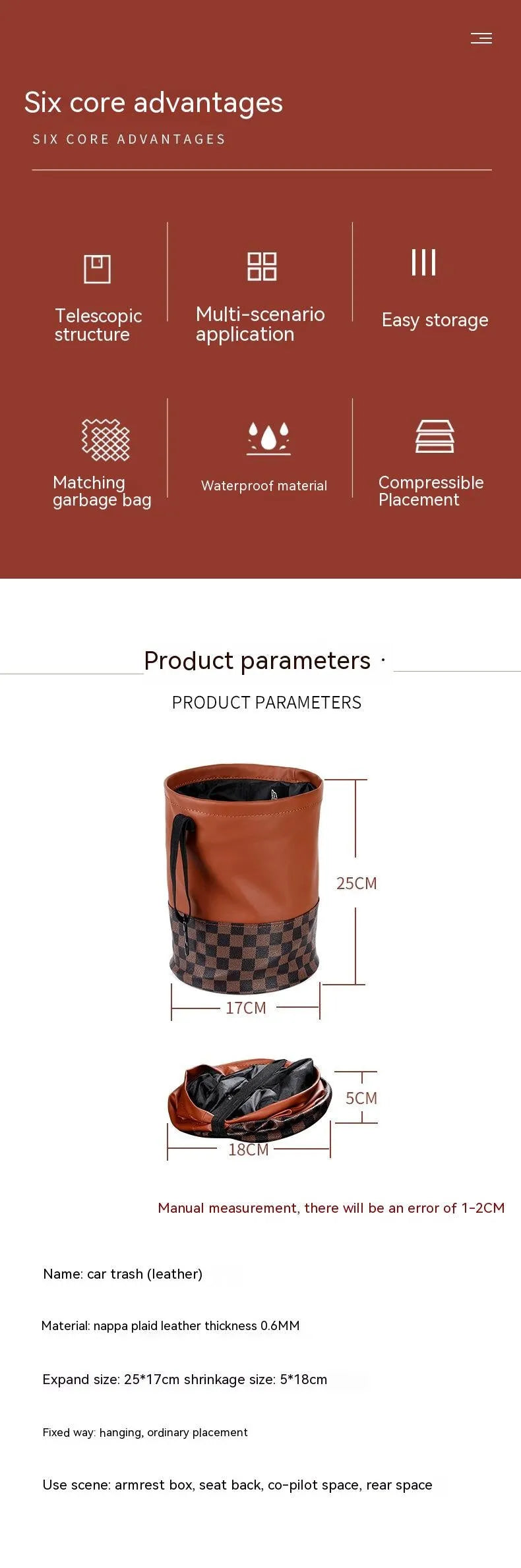 Tan retractable leather car trash can with handle in expanded position