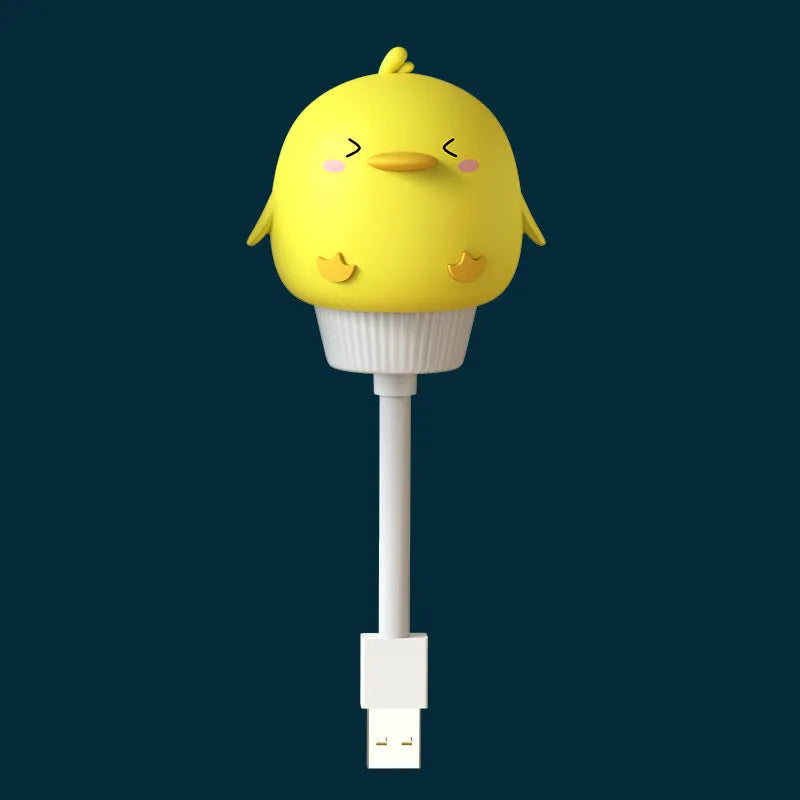 Cartoon animal USB night light with adjustable brightness on bedside table