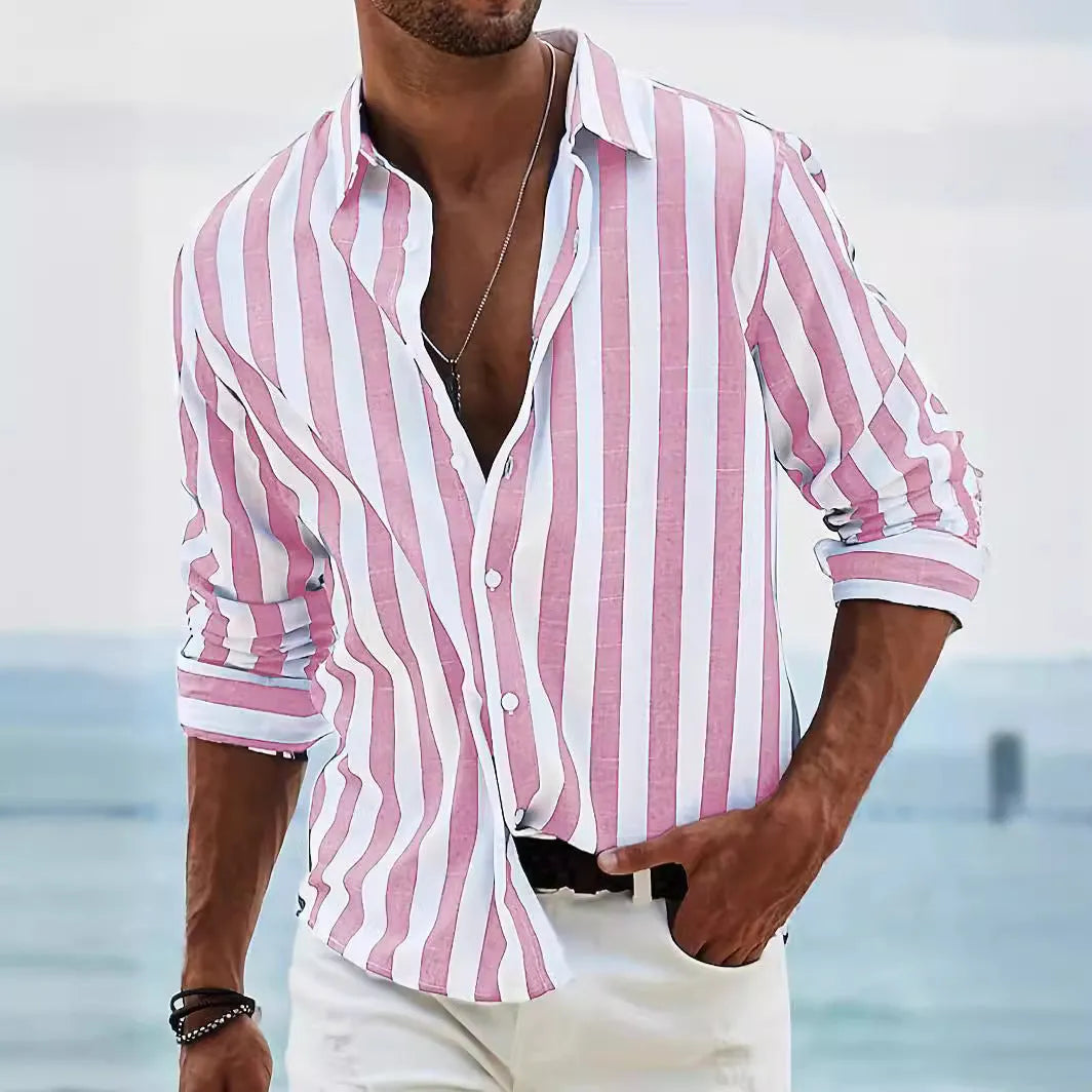 Men's loose-fit striped long-sleeved casual shirt in a light grey colour, showing cardigan style.