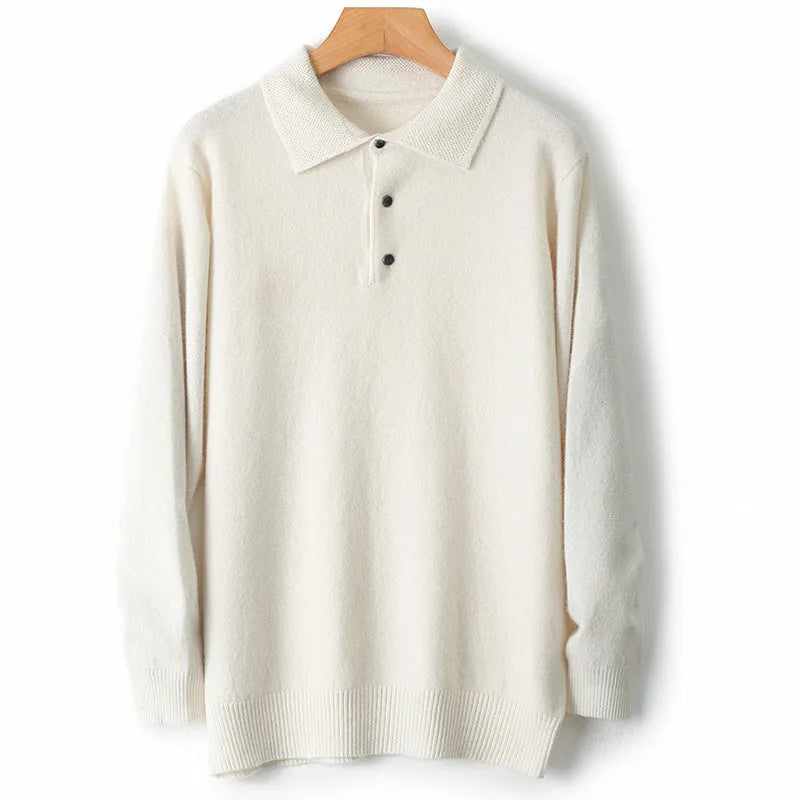Men's wool polo collar pullover sweater in multiple colours with long sleeves and collage stitching detail.
