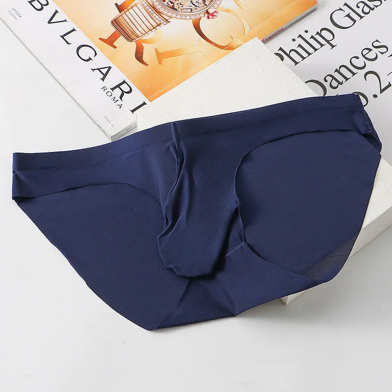 Men's black ice silk seamless briefs with a defined bullet pouch contour.