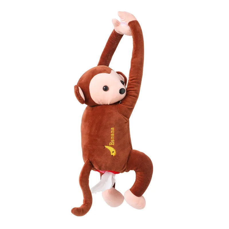 Pipi monkey hanging tissue box in bean paste brown with soft plush fabric and PP cotton filling, 52cm total length, wall-mounted