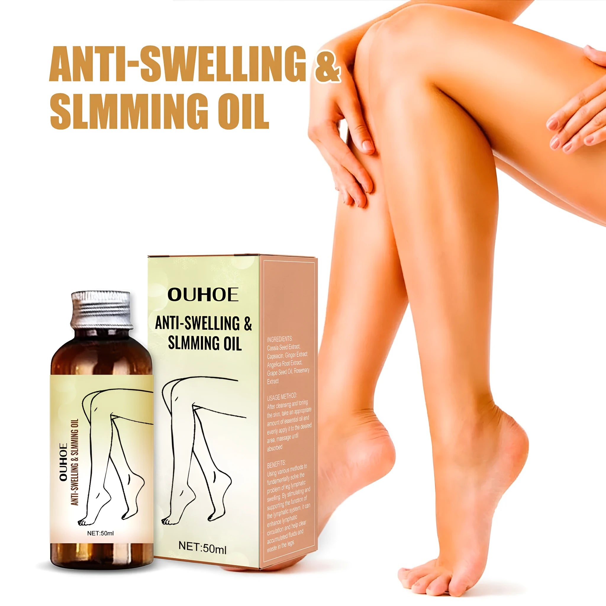 50ml bottle of moisturising body essential oil with natural extracts for skin care and leg massage.