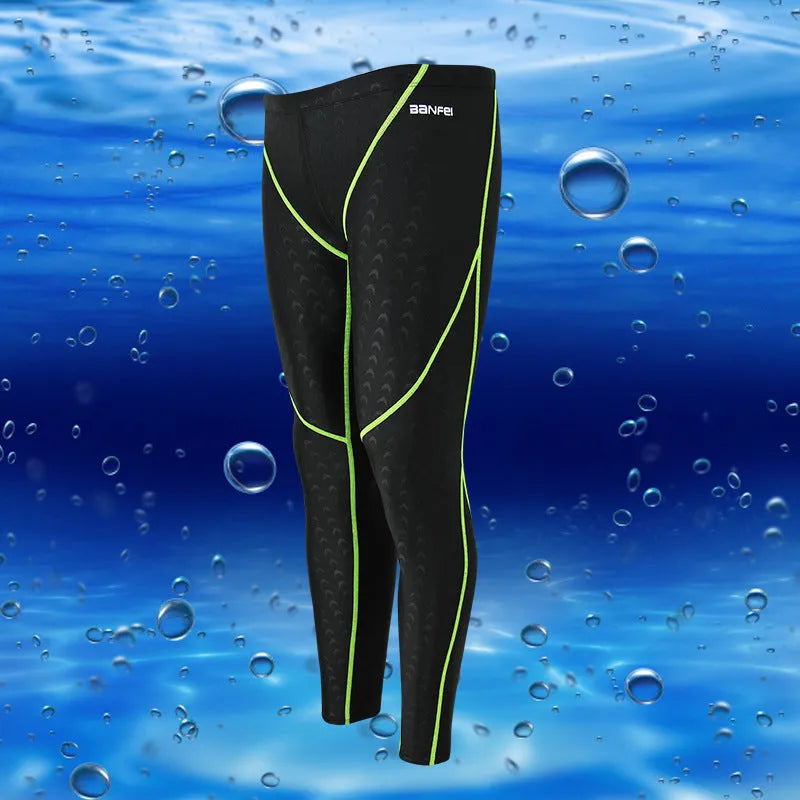 Men's nylon swimming trunks in cropped brief style with colour accent lines