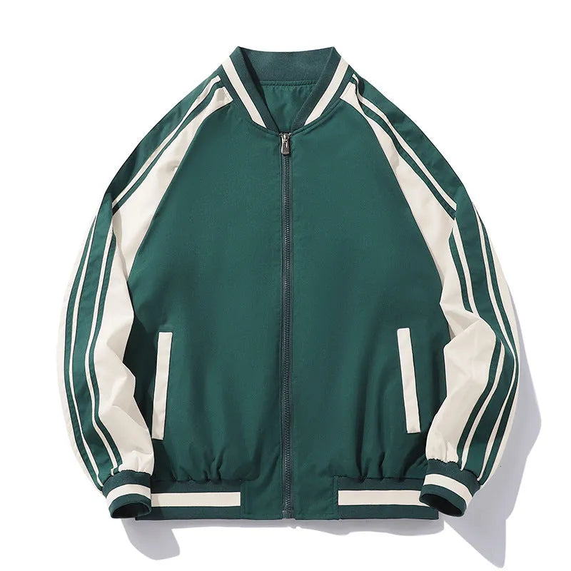 Men's striped baseball collar casual jacket in black, made from polyester fibre, available in sizes M-5XL