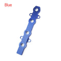 Aluminium alloy engine harness mounting bracket in blue, red, or silver finish, shown with and without holes.